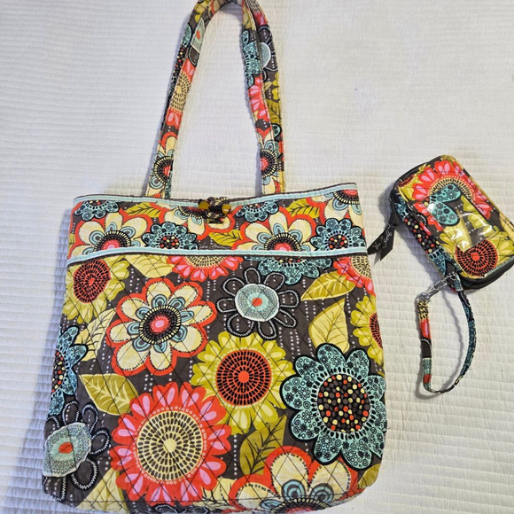 Women's Vera Bradley Quilted Tote Bag & Wallet Set in Flower Shower Multicolor - Picture 1 of 13